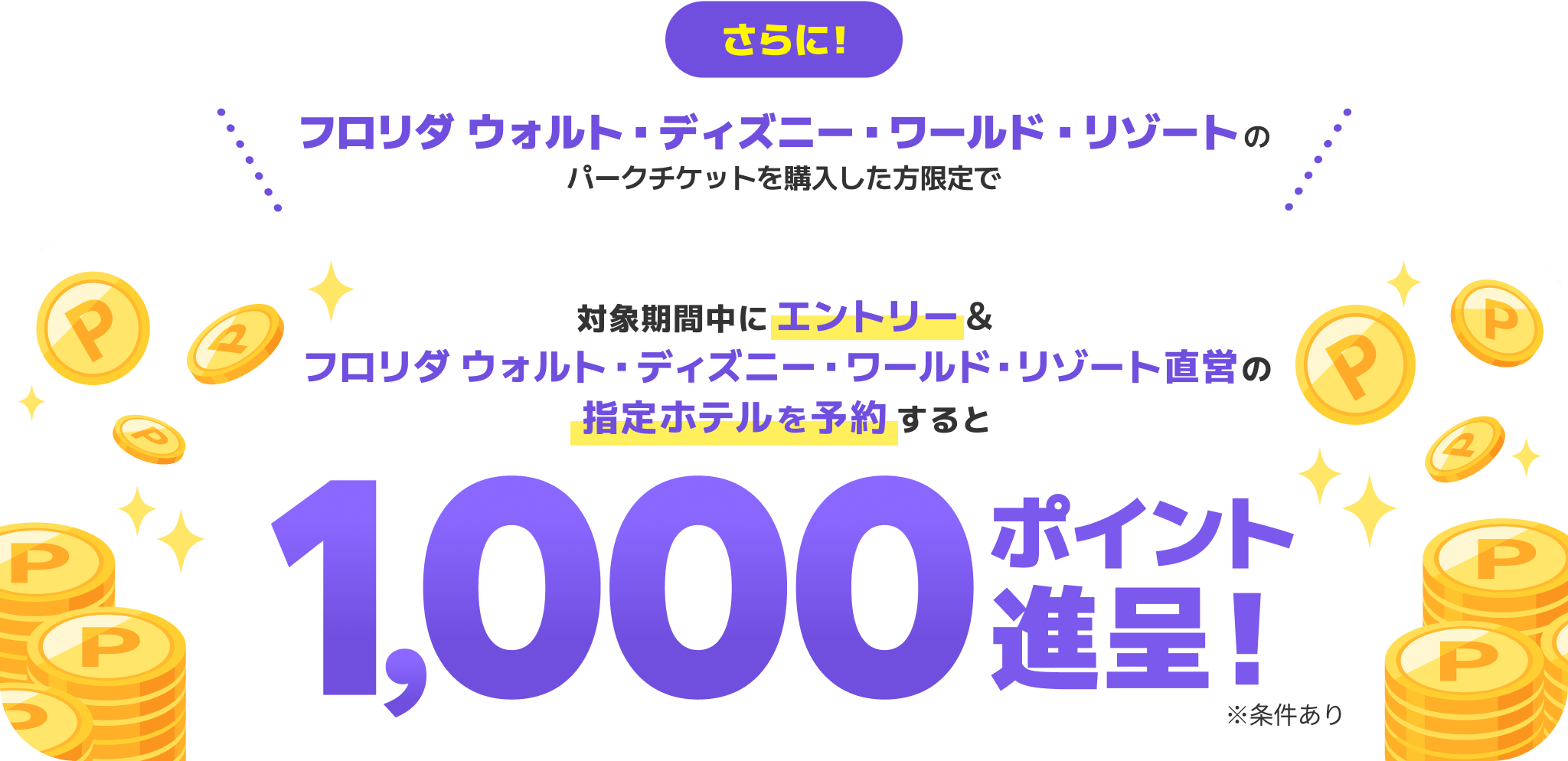 さらに！フロリダ ウォルト・ディズニー・ワールド・リゾートのパークチケットを購入した方限定で対象期間中にエントリー＆ディズニー直営の指定ホテルを予約すると1,000ポイント進呈！※条件あり