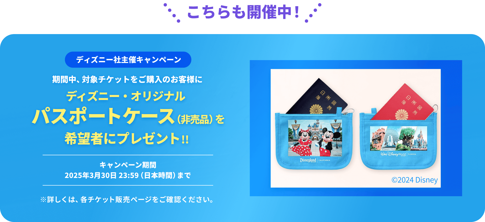 【ディズニー社主催キャンペーン】期間中、対象チケットをご購入のお客様にディズニー・オリジナル パスポートケース（非売品）を希望者にプレゼント!!キャンペーン期間 2025年3月30日 23:59（日本時間）まで ※詳しくは、各チケット販売ページをご確認ください。